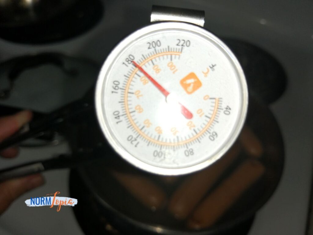 Check temperature of hot dogs to make sure they are cooked as per package instructions.